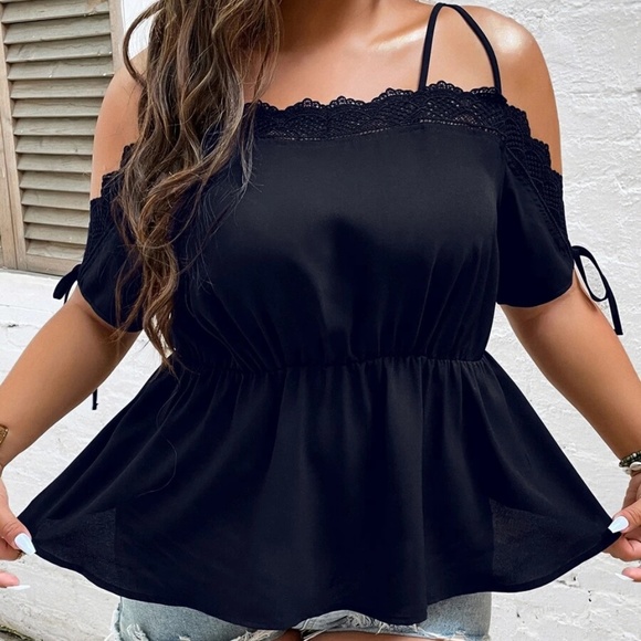 Plus Cold Shoulder Lace Blouse Navy Blue - Picture 14 of 14